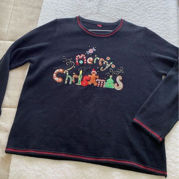Merry Christmas Festive Holiday Sweater - Black Sweater Size Medium - Picture 1 of 5